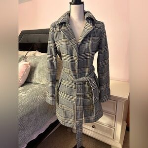 Love Tree Black and Cream Plaid Trench Coat